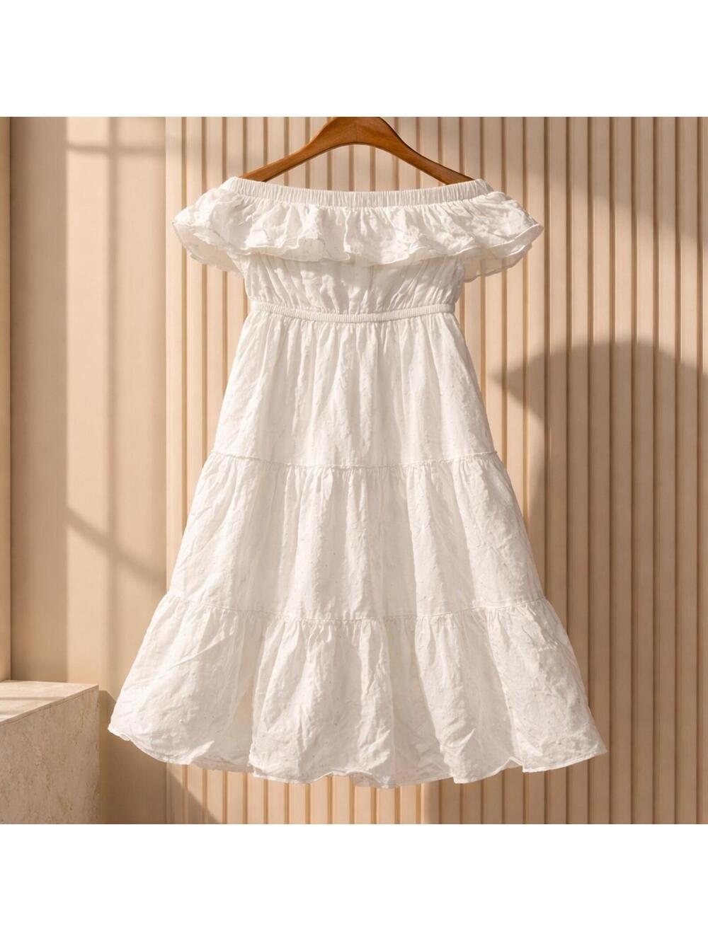 Fashion Nova White Swiss Dot Midi Dress XL Off Shoulder Tiered Boho Summer